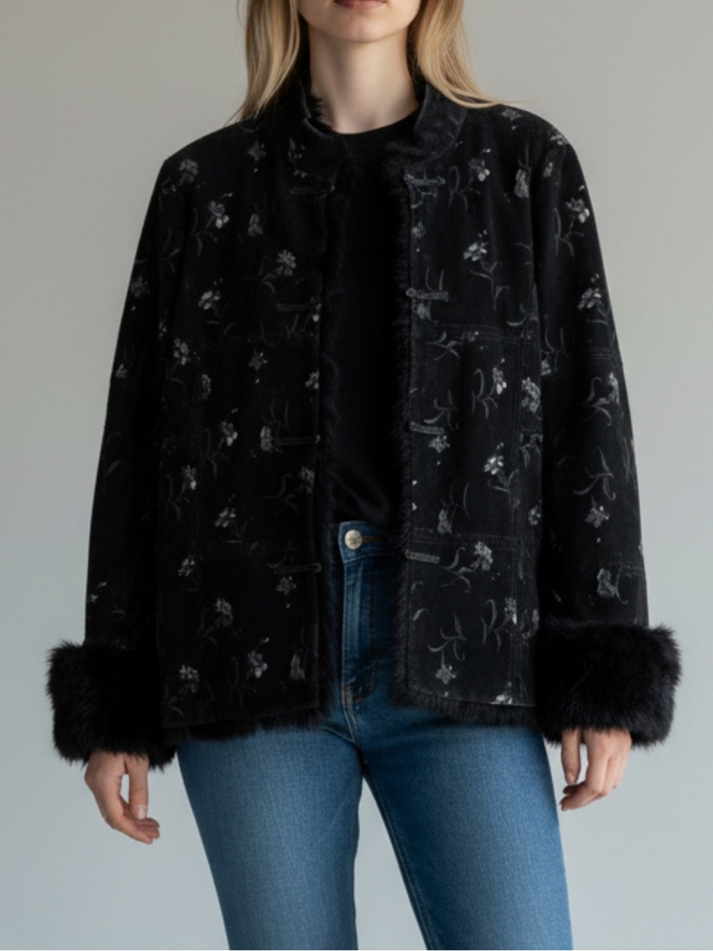 Vintage 90’s Cabo Suede Floral Jacket Fur Trim Black Size XL